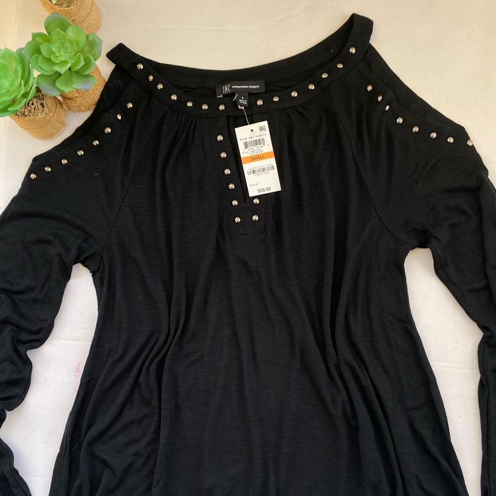 INC Studded Cold-Shoulder Rayon Blk shirt m